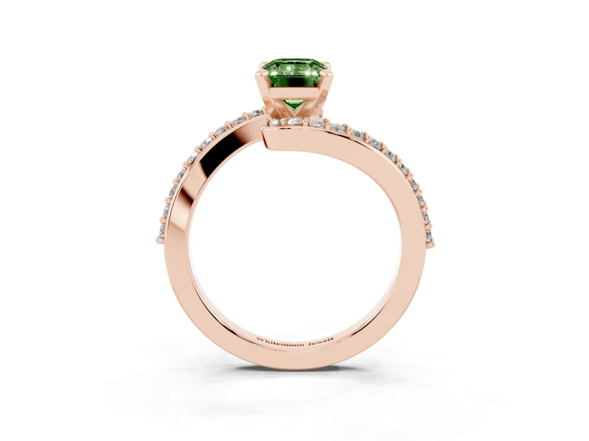 Fancy Green Emerald Cut Solitaire Twist Band with Pave Set Diamonds and Four-Prong Setting Rose gold
