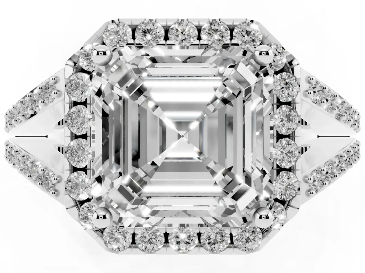 Asscher Cut Halo Split Shank Diamond Ring with Prong Setting Platinum