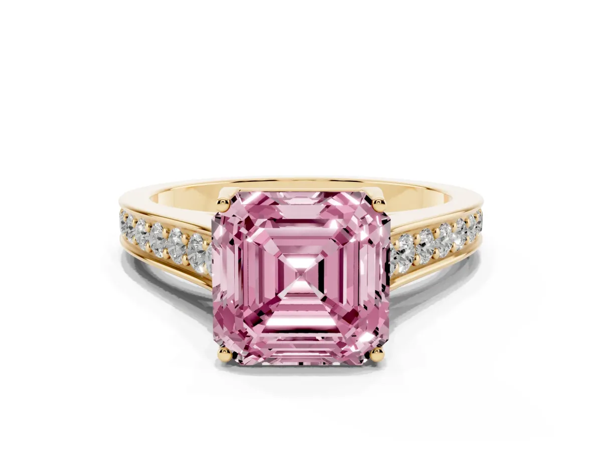 Fancy Pink Asscher Cut Brilliant Cut Diamond Engagement Ring with Pavé Band and Four-Prong Setting Yellow gold