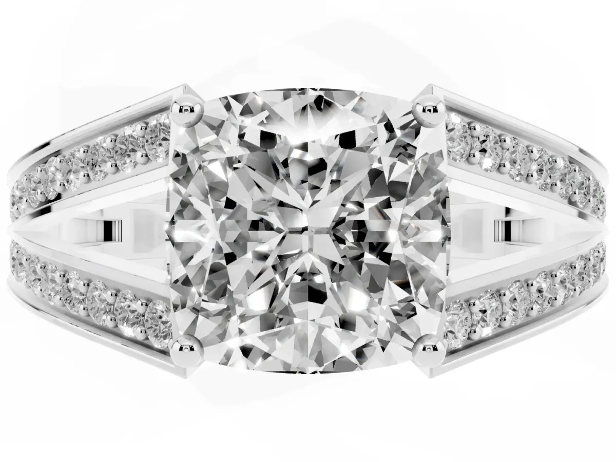 Cushion Cut Diamond Split Shank Ring with Pavé Band and Four-Prong Setting Silver
