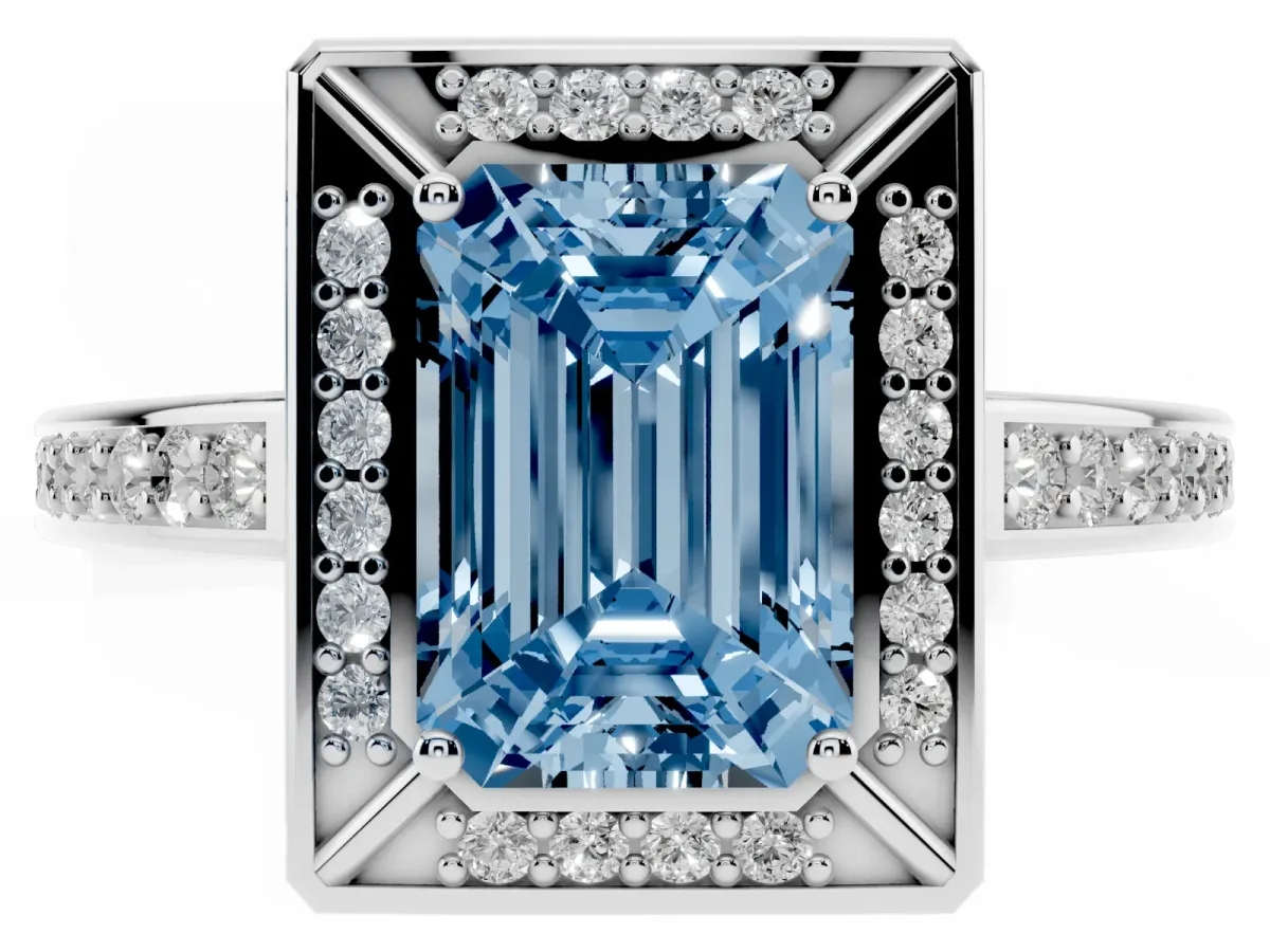 Fancy Blue Emerald Cut Cut Halo Pave Split Shank Prong Setting Ring Platinum