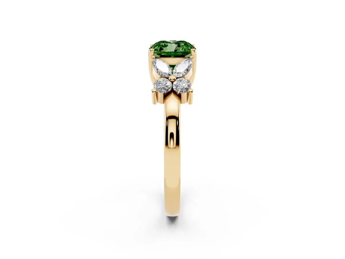 Fancy Green Cushion Cut Diamond Floral Cluster Ring with Solitaire Band and Prong Setting Yellow gold