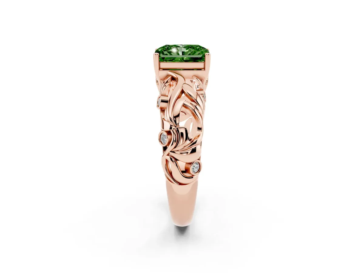 Fancy Green Radiant Cut Solitaire Diamond Leaf-Inspired Vine Band Ring with Prong Setting Rose gold