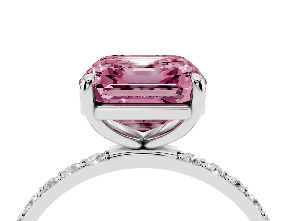 Fancy Pink Asscher Cut Diamond Solitaire Ring with Round Pavé Band and Prong Setting Silver