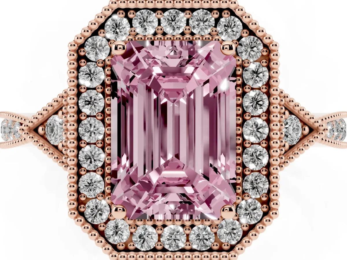 Fancy Pink Emerald Cut Halo Round Diamond Milgrain Pave Engagement Ring Rose gold