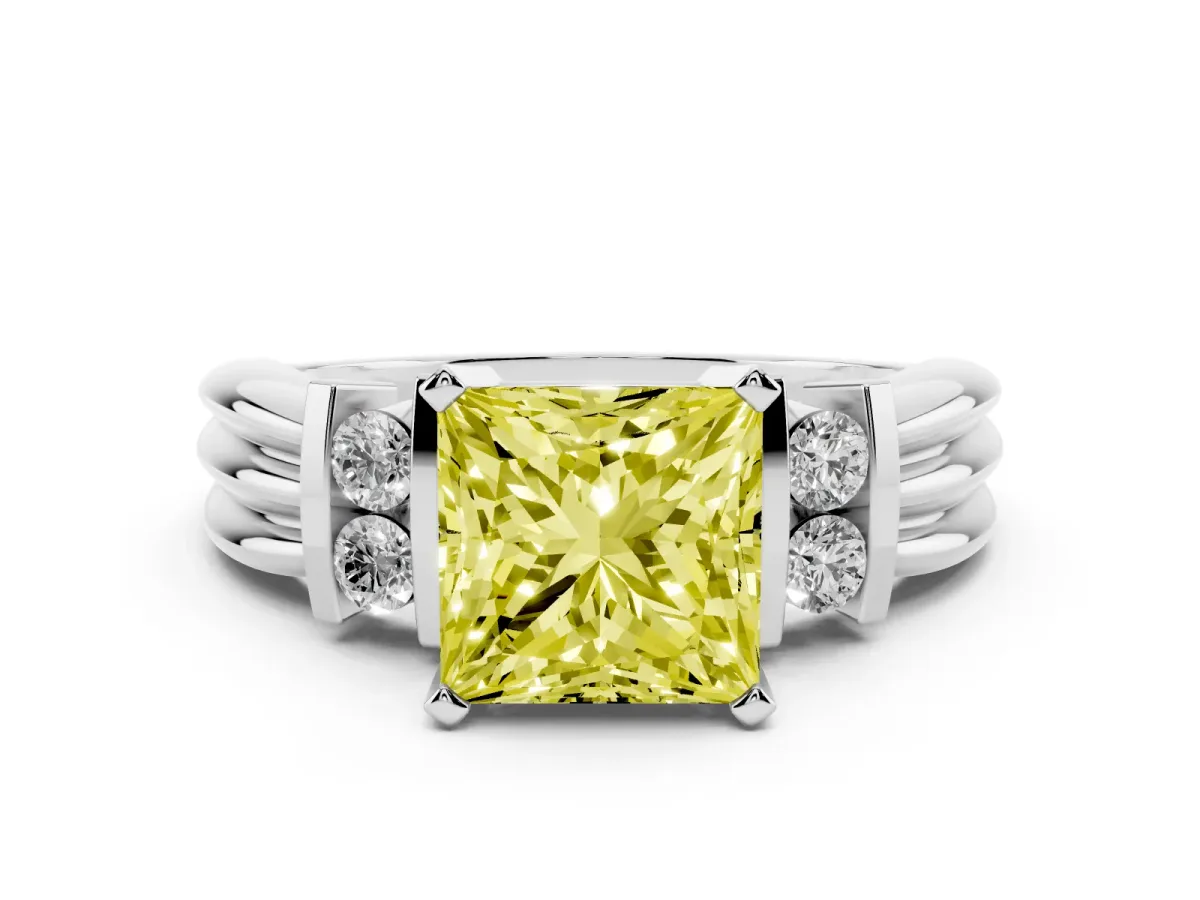 Fancy Yellow Princess Cut Cut Three-Stone Channel Set Ring with Bar Prongs Silver