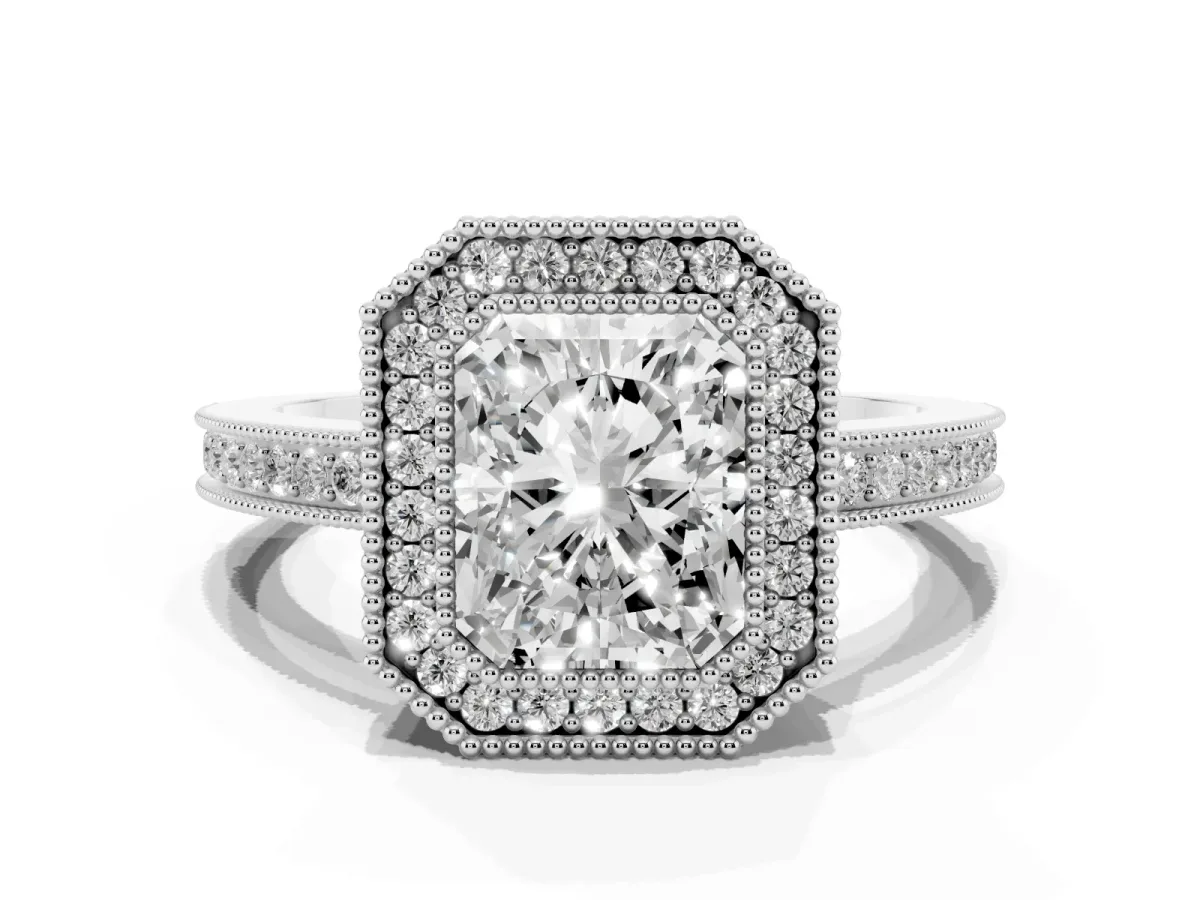 Radiant Cut Cut Halo Diamond Ring with Pavé Band and Milgrain Prong Setting Silver