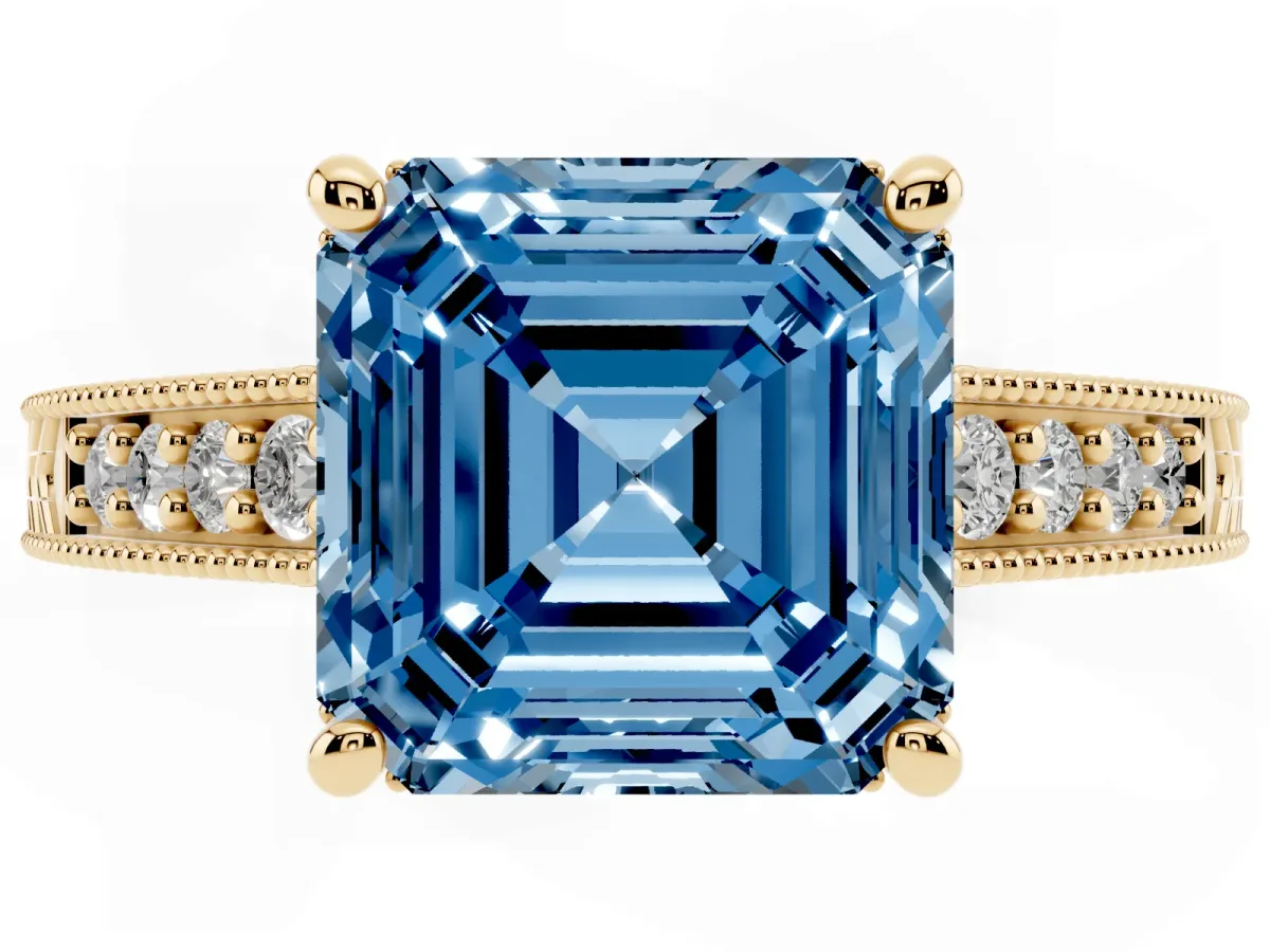 Fancy Blue Asscher Cut Solitaire Pavé Diamond Milgrain Engagement Ring with Four-Prong Setting Yellow gold