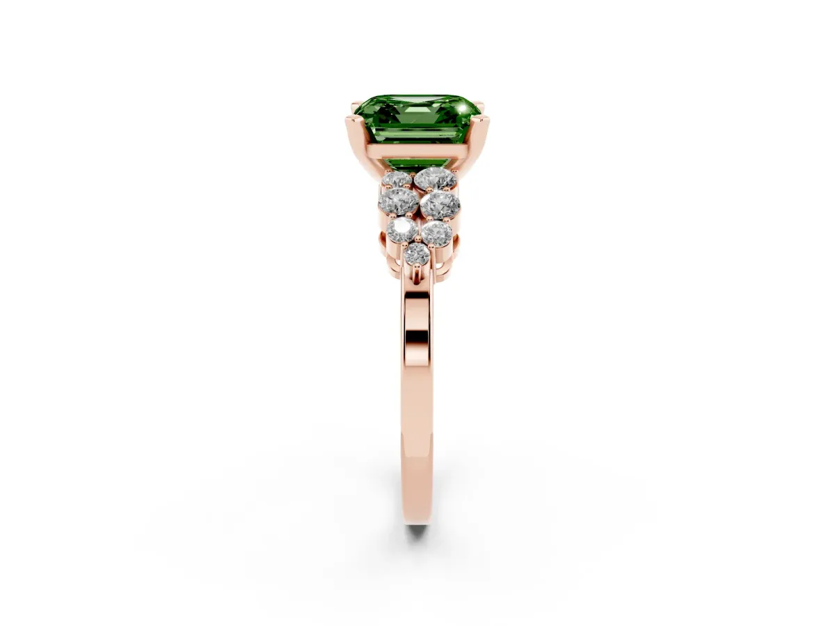 Fancy Green Asscher Cut Cluster Diamond Engagement Ring with Pavé Band and Four-Prong Setting Rose gold