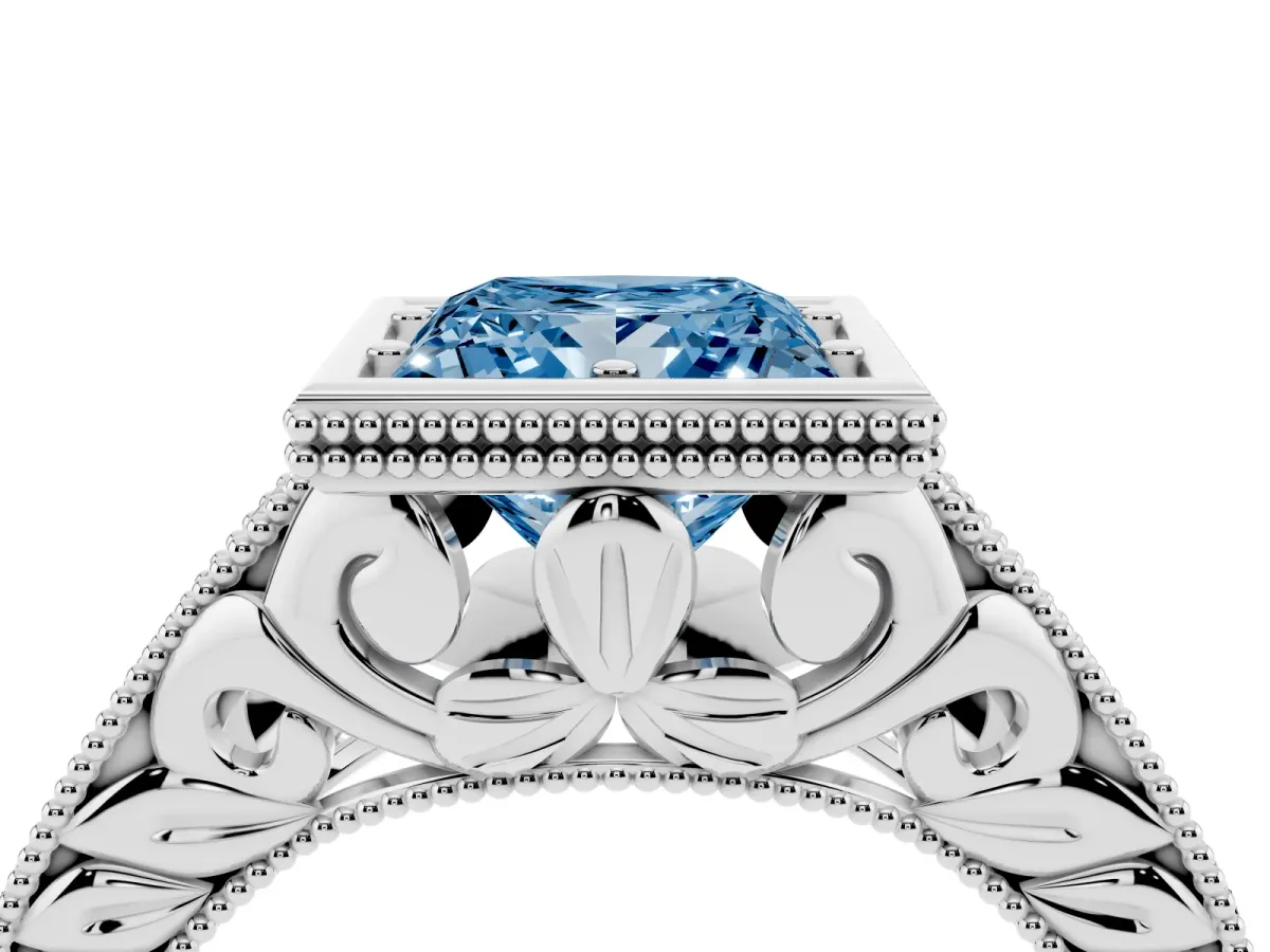 Fancy Blue Bezel Set Princess Cut Diamond Milgrain Pave Engagement Ring Silver