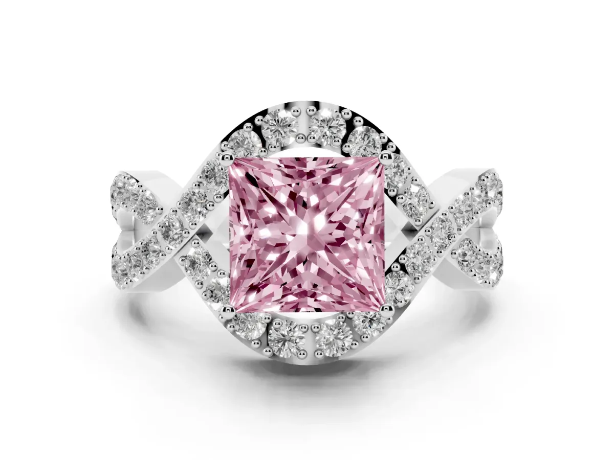 Fancy Pink Princess Cut Solitaire Twist Band Pavé Diamond Engagement Ring Silver