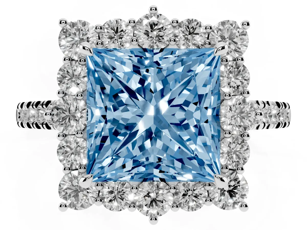 Fancy Blue Princess Cut Halo Diamond Ring with Pavé Band and Prong Setting Platinum