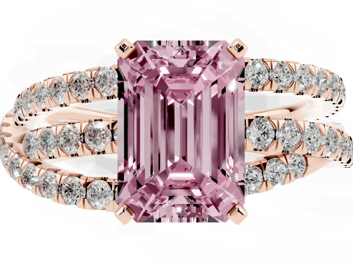 Fancy Pink Emerald Cut Solitaire Twist Band with Pavé Setting and Four-Prong Setting Rose gold
