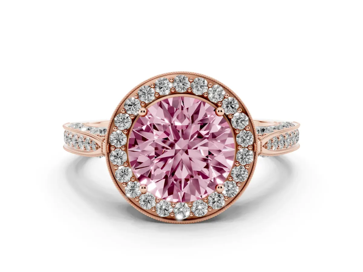 Fancy Pink Round Cut Halo Diamond Engagement Ring with Split Shank Band and Four-Prong Setting Rose gold