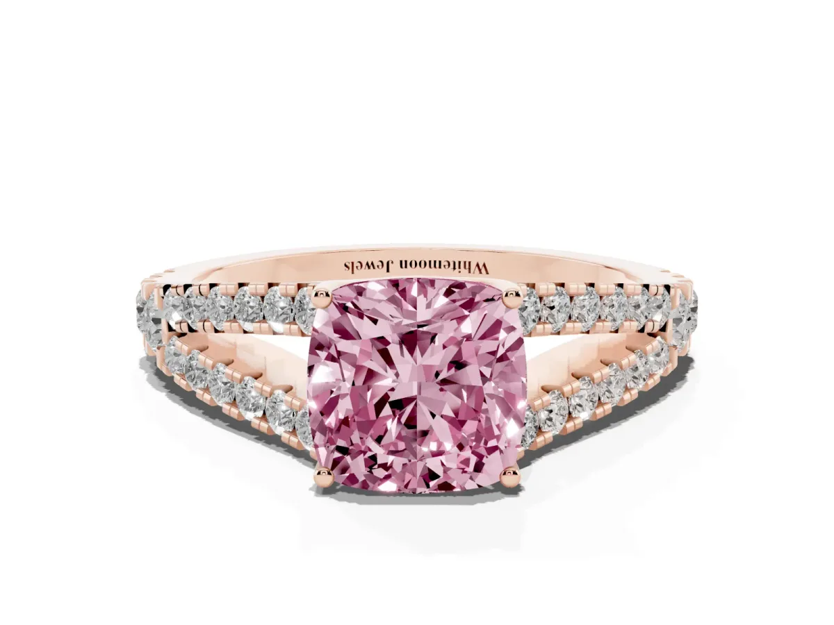 Fancy Pink Cushion Cut Diamond Split Shank Pavé Engagement Ring with Four-Prong Setting Rose gold