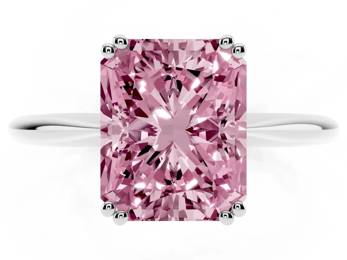 Fancy Pink Radiant Cut Solitaire Diamond Ring with Six-Prong Setting and Classic Band Silver