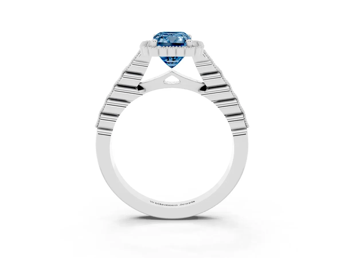 Fancy Blue Radiant Cut Cut Halo Pavé Solitaire Ring with Milgrain Band Silver