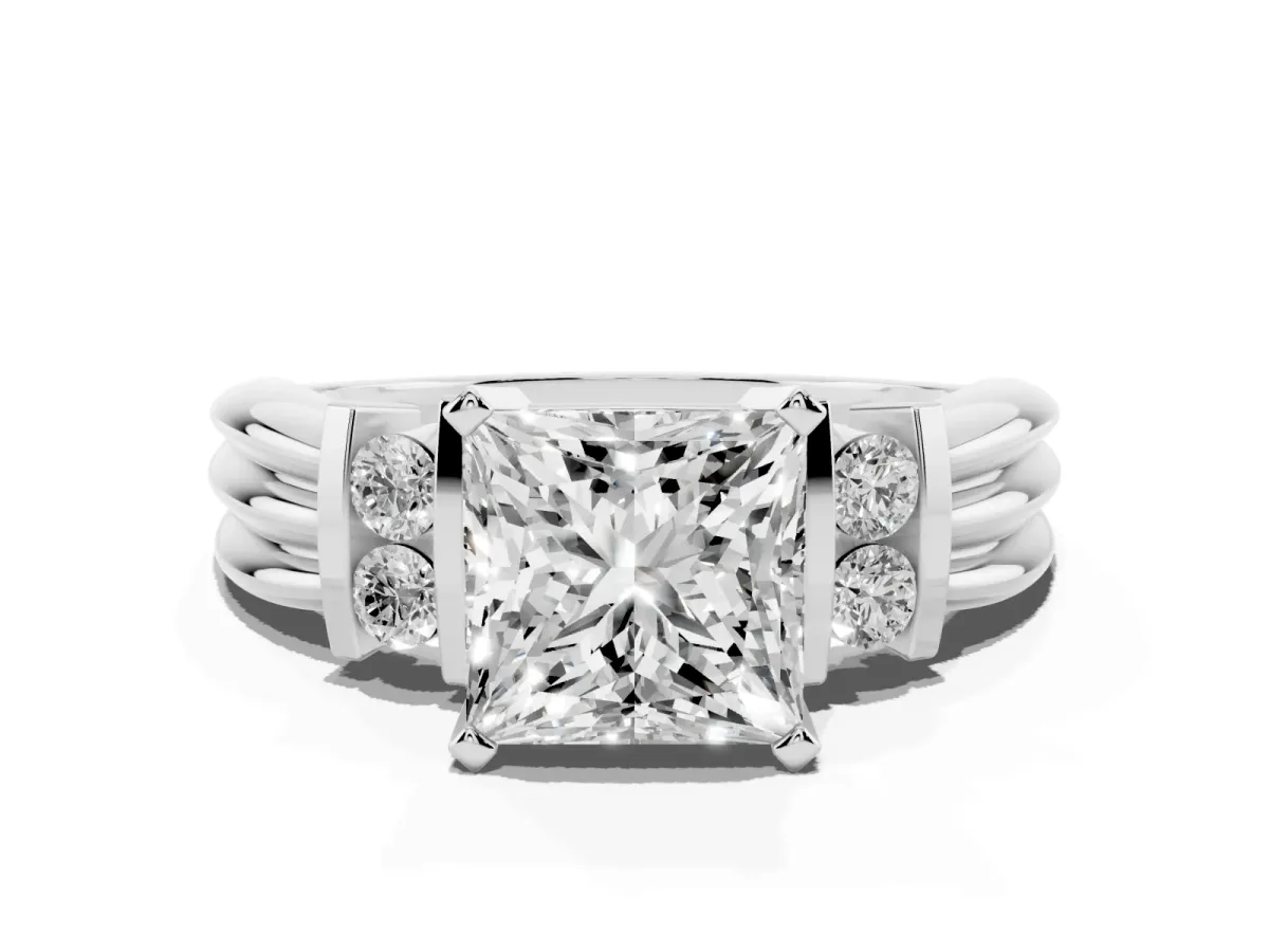 Princess Cut Cut Three-Stone Channel Set Ring with Bar Prongs Silver