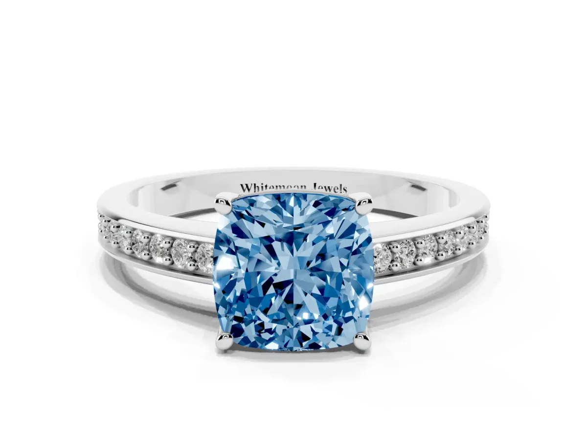 Fancy Blue Cushion Cut Solitaire Pavé Band Prong Setting Ring Silver