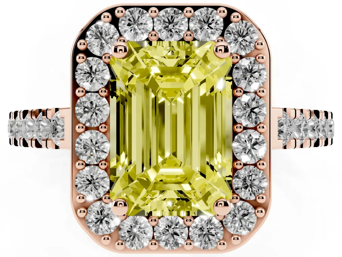 Fancy Yellow Emerald Cut Diamond Halo Ring with Round Pavé Split Shank and Prong Setting Rose gold