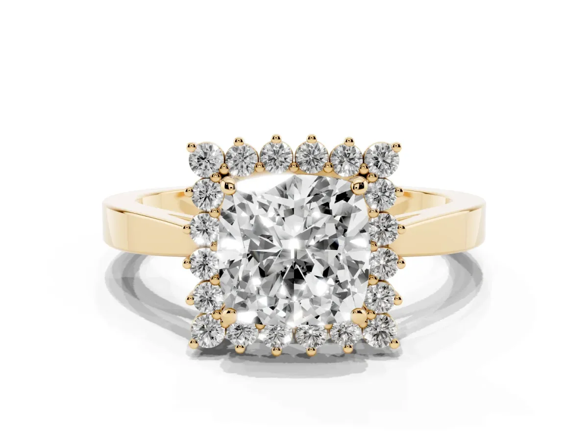 Cushion Cut Cut Diamond Halo Ring with Round Brilliant Halo and Solitaire Band Yellow gold