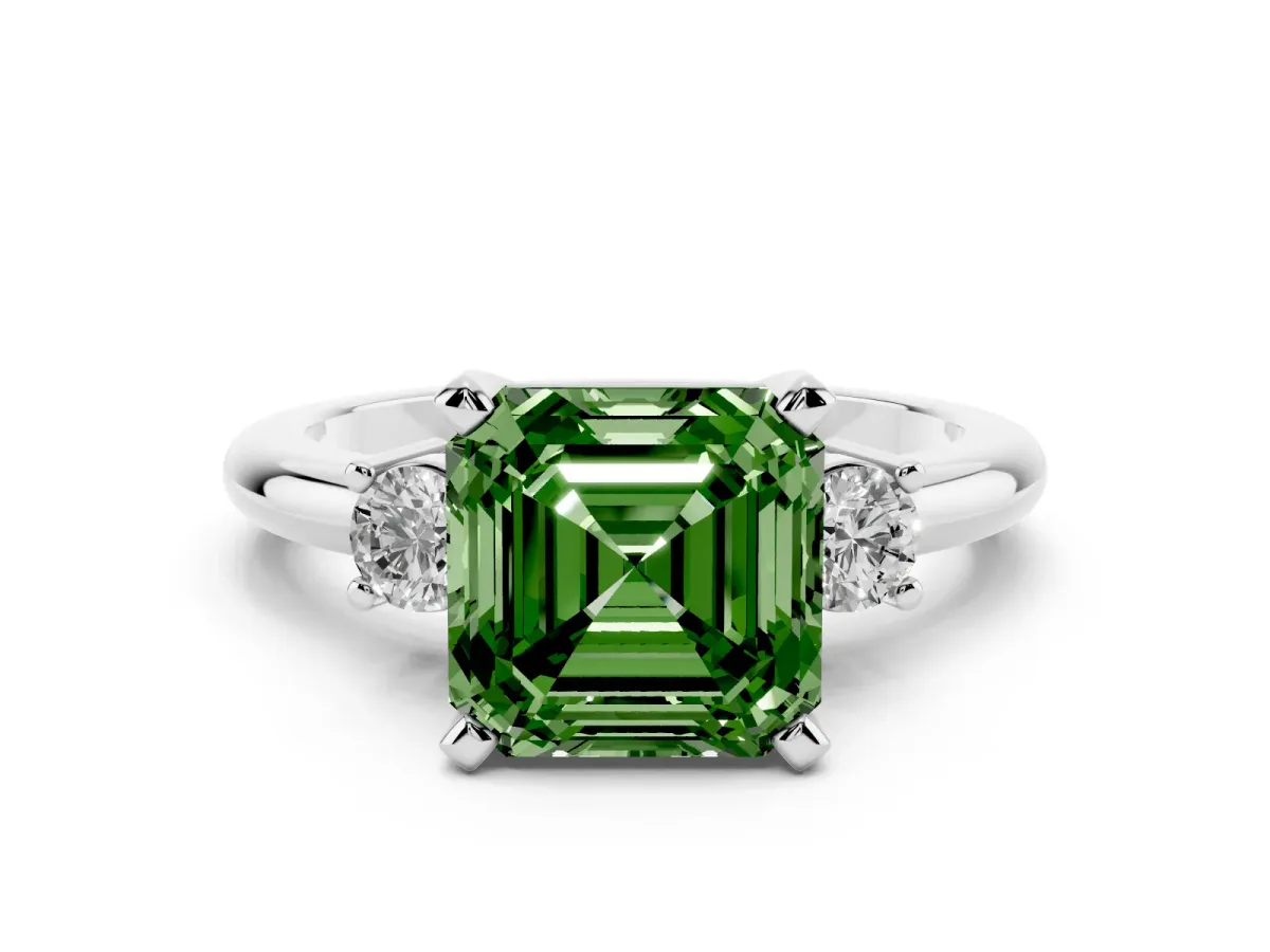 Fancy Green Three-Stone Princess Cut Cut Diamond Solitaire with Prong Setting and Classic Band White gold