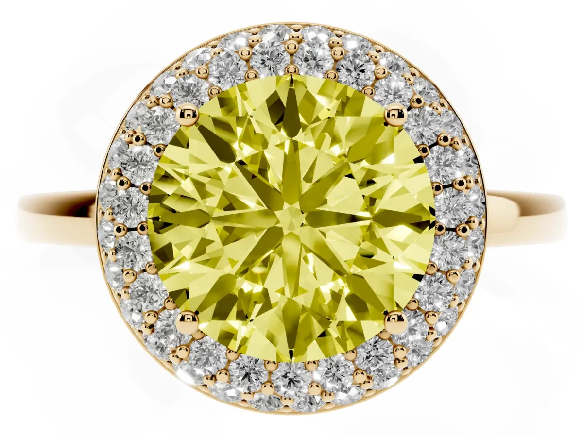 Fancy Yellow Round Cut Halo Diamond Engagement Ring with Solitaire Band and Four-Prong Setting Yellow gold