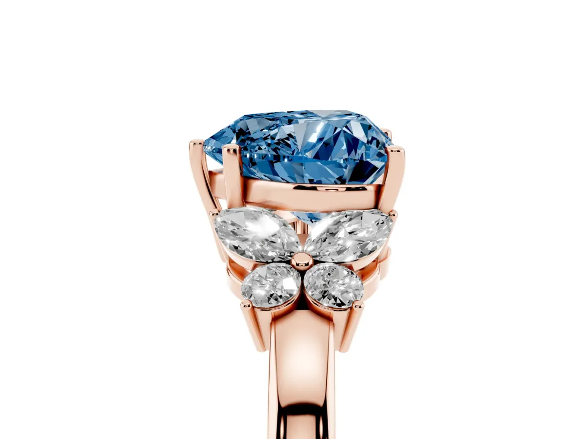 Fancy Blue Heart Cut Cut Solitaire Floral Diamond Ring with Four-Prong Setting Rose gold