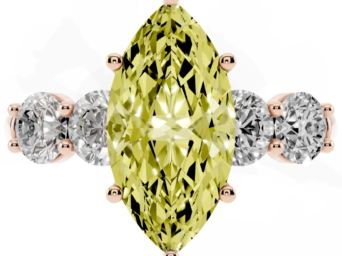 Fancy Yellow Marquise Cut Cut Five-Stone Prong Set Diamond Ring with Classic Band Rose gold