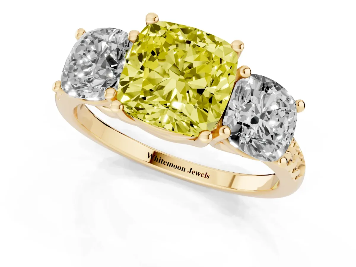 Fancy Yellow Three-Stone Cushion Cut Diamond Ring with Round Pavé Band and Prong Setting Yellow gold