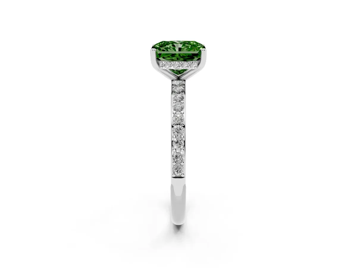 Fancy Green Radiant Cut Cut Diamond Pavé Band Ring with Four-Prong Setting Silver