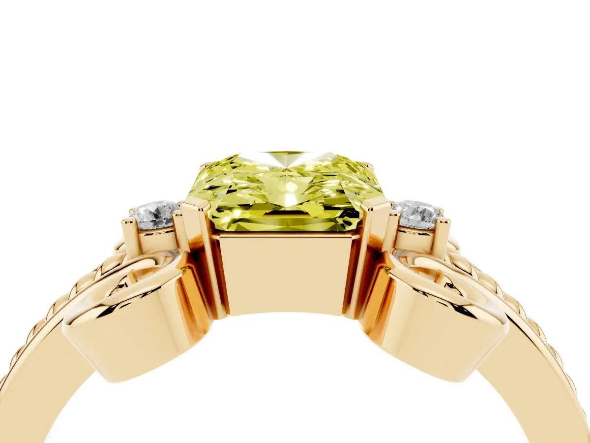 Fancy Yellow Radiant Cut Solitaire Twisted Band Scroll Prong Ring Yellow gold