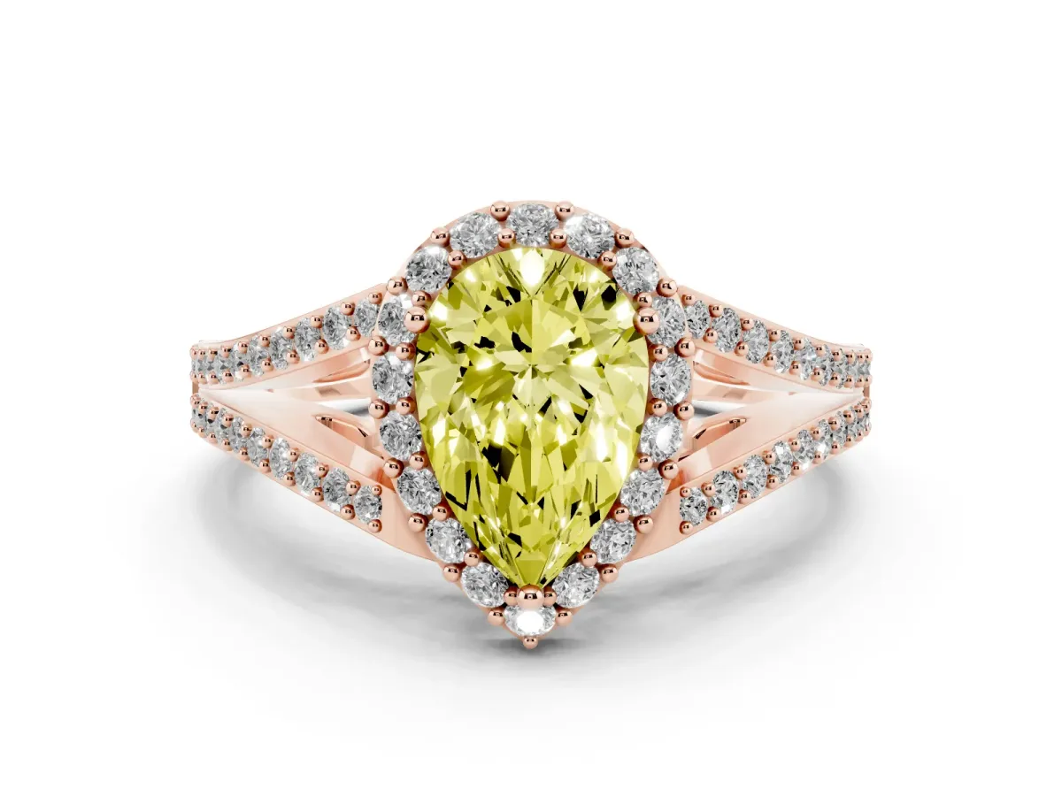Fancy Yellow Pear Cut Halo Split Shank Diamond Ring with Prong Setting Rose gold