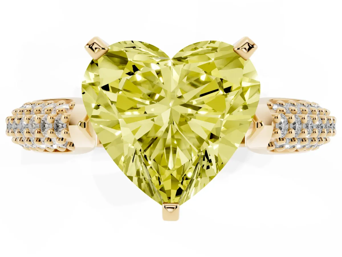 Fancy Yellow Heart Cut Diamond Solitaire Engagement Ring with Multi-Row Round Pavé Band and Prong Setting Yellow gold