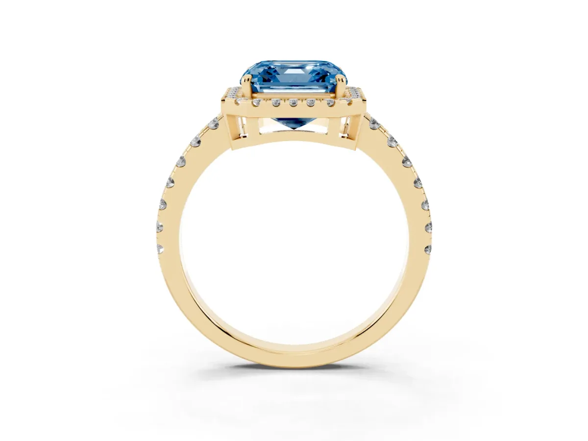 Fancy Blue Asscher Cut Diamond Halo Ring with Pavé Band and Four-Prong Setting Yellow gold