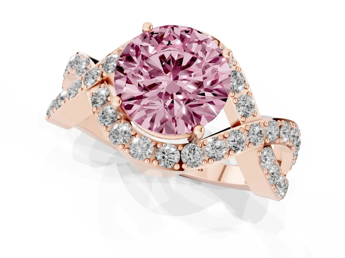 Fancy Pink Round Cut Solitaire Twist Band Pavé Diamond Engagement Ring Rose gold