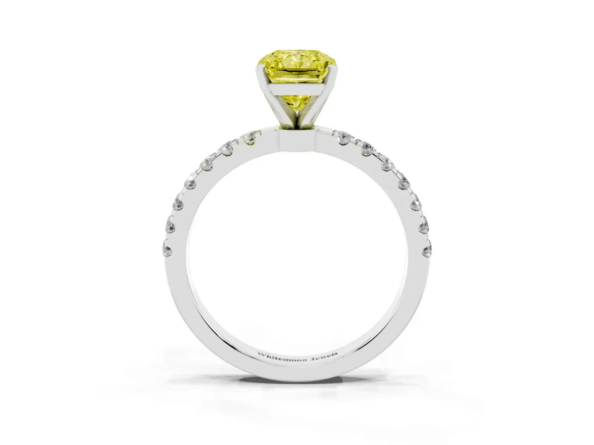 Fancy Yellow Radiant Cut Diamond Solitaire Ring with Pavé Accents and Four-Prong Setting Platinum