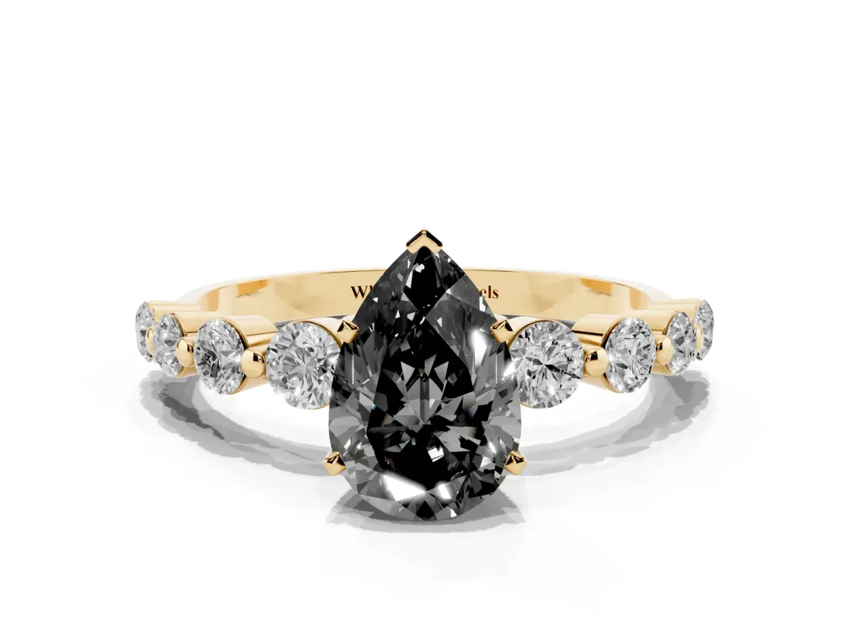 Fancy Black Pear Cut Solitaire Diamond Ring with Pave Band and Four-Prong Setting Yellow gold