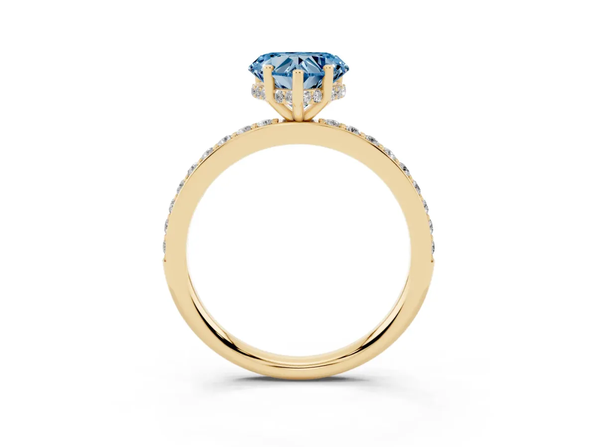 Fancy Blue Heart Cut Cut Diamond Pavé Band Ring with Four-Prong Setting Yellow gold