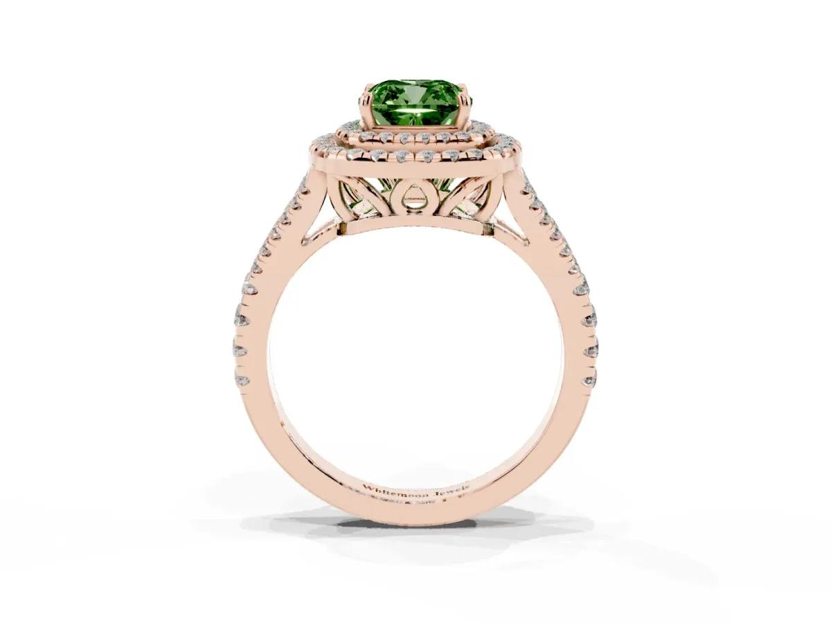 Fancy Green Cushion Cut Diamond Double Halo Ring with Pavé Band and Prong Setting Rose gold