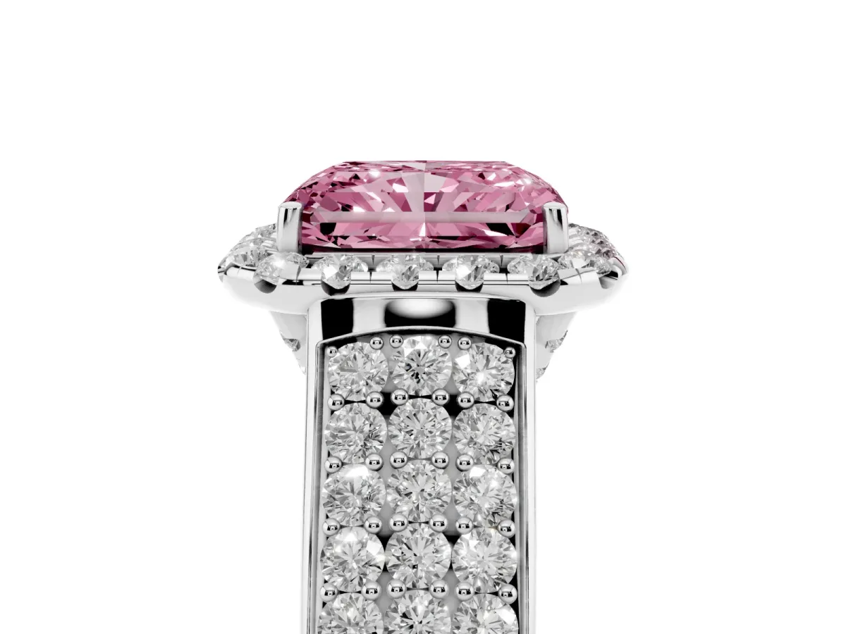 Fancy Pink Radiant Cut Halo Round Diamond Pave Band with Prong Setting Silver
