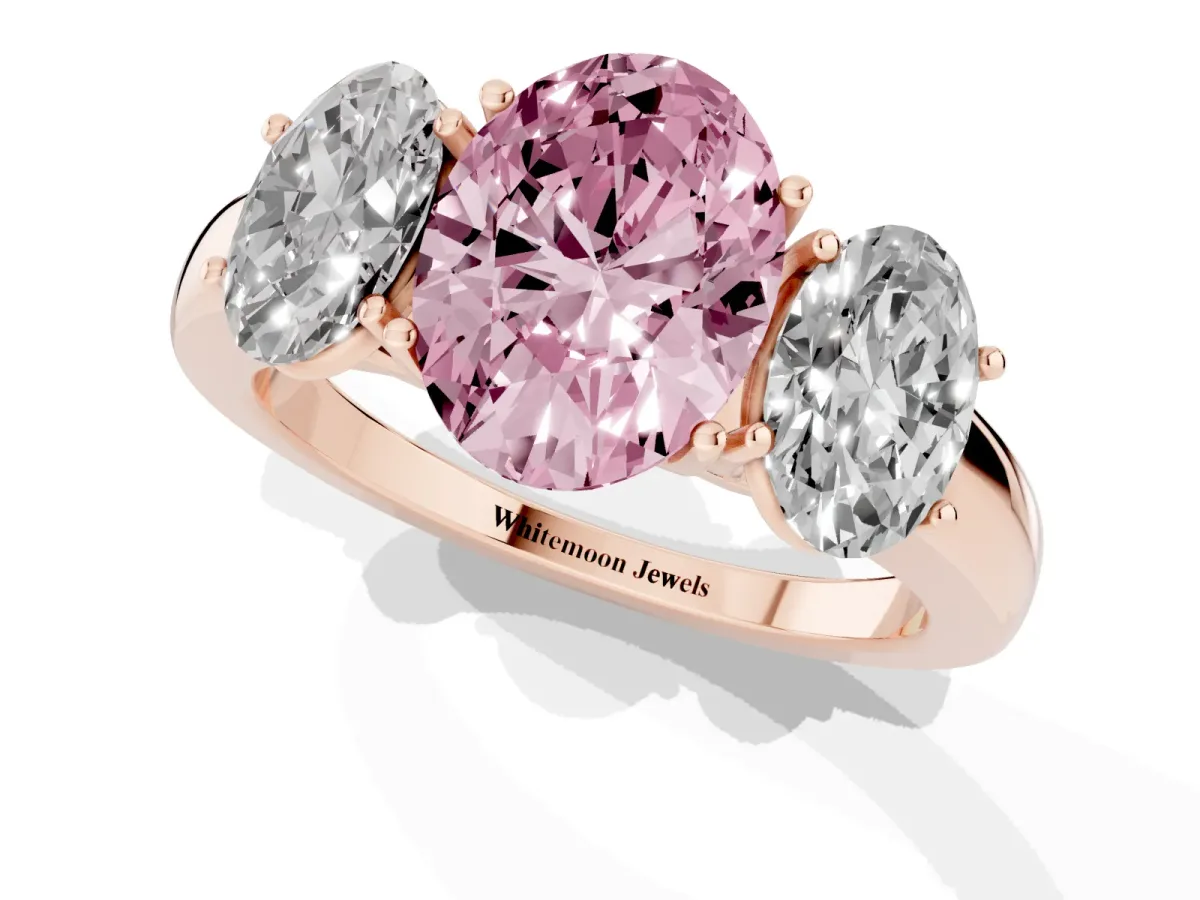 Fancy Pink Oval Cut Diamond Three-Stone Ring with Four-Prong Setting and Classic Band Rose gold