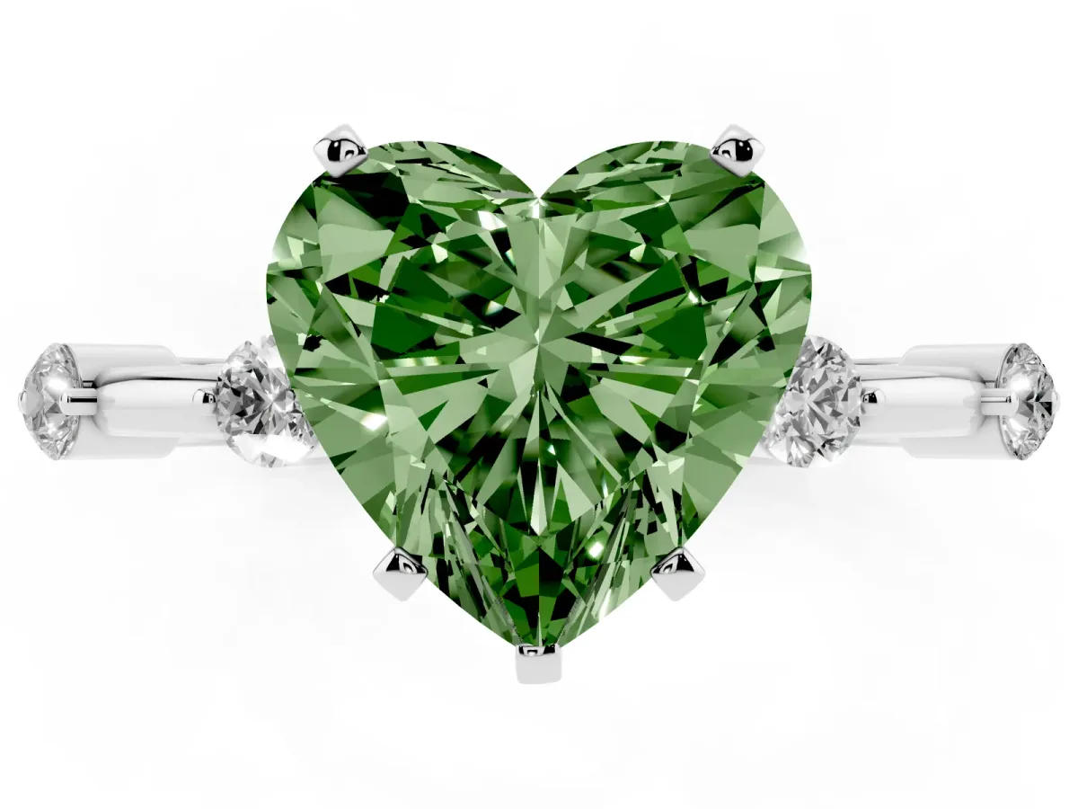 Fancy Green Heart Cut Solitaire Diamond Ring with Bezel Set Side Stones and Prong Setting Silver