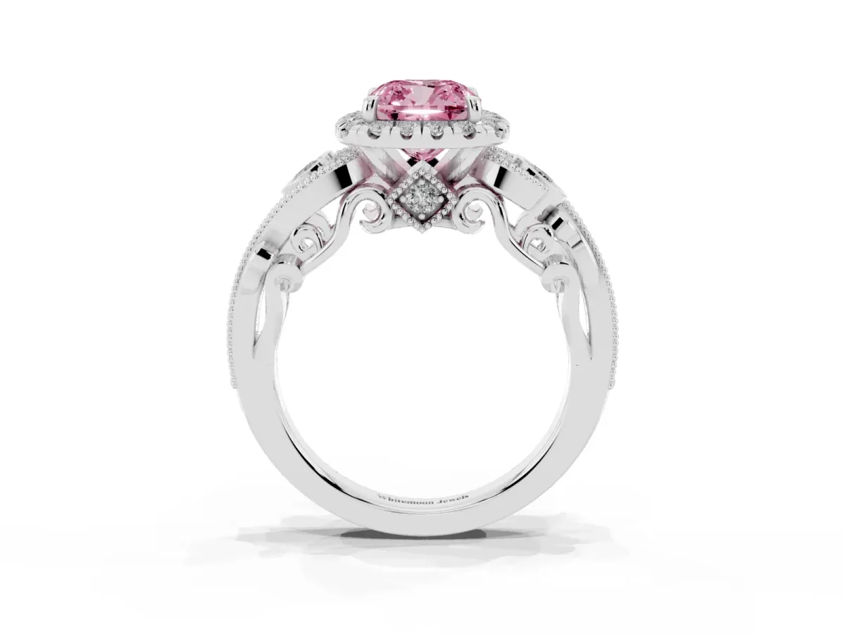 Fancy Pink Cushion Cut Halo Diamond Ring with Milgrain and Bezel Accents on a Split Shank Band Silver