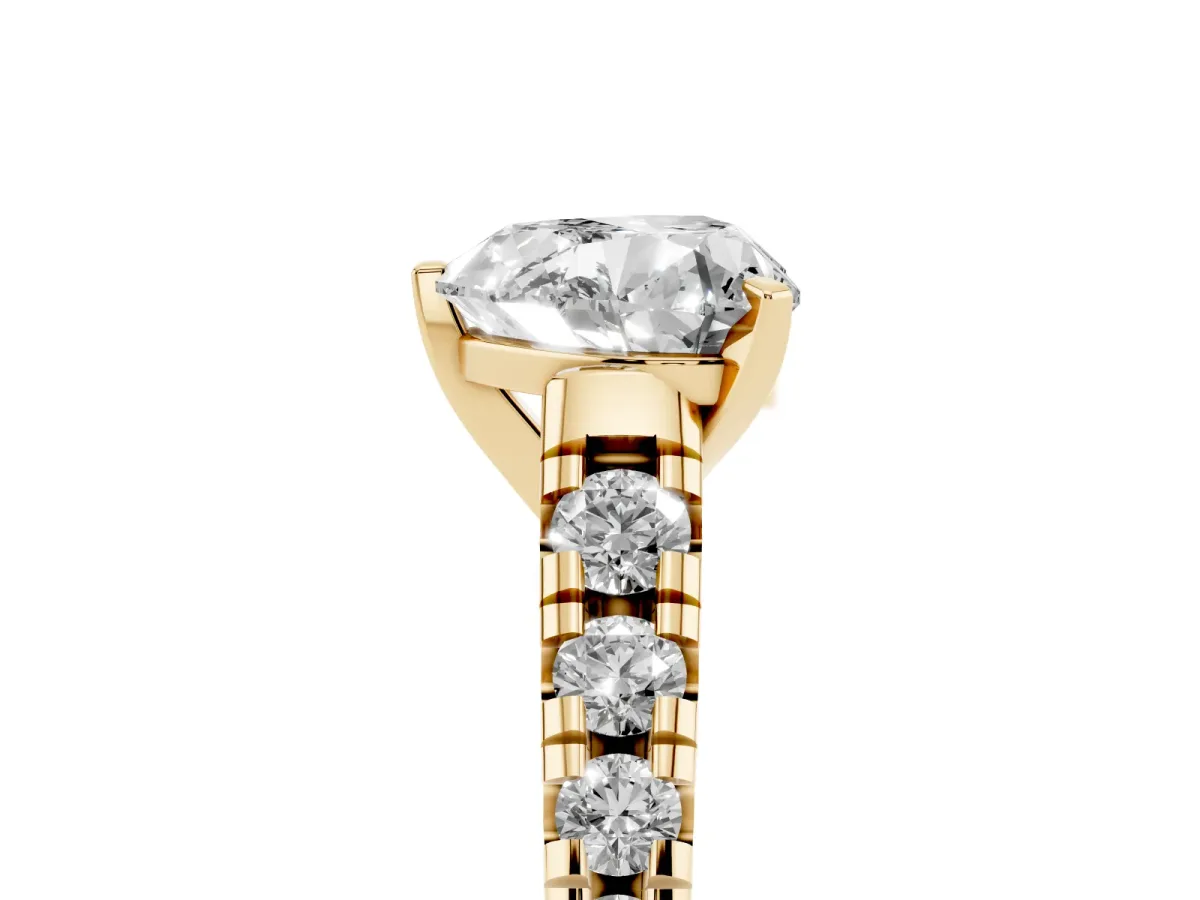 Heart Cut Diamond Cathedral Solitaire Ring with Round Pavé Band Yellow gold