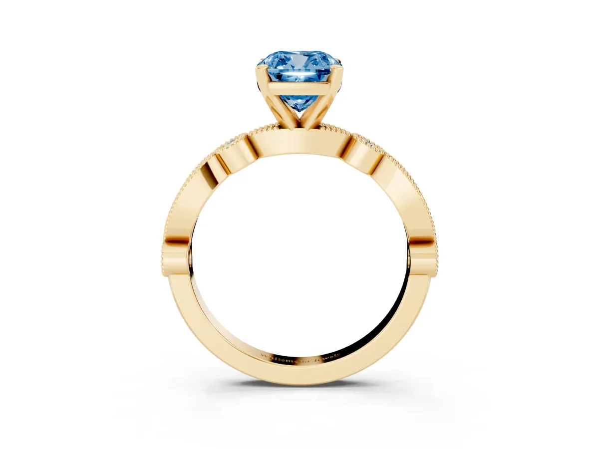 Fancy Blue Cushion Cut Milgrain Bezel Diamond Engagement Ring with Solitaire Prong Setting Yellow gold