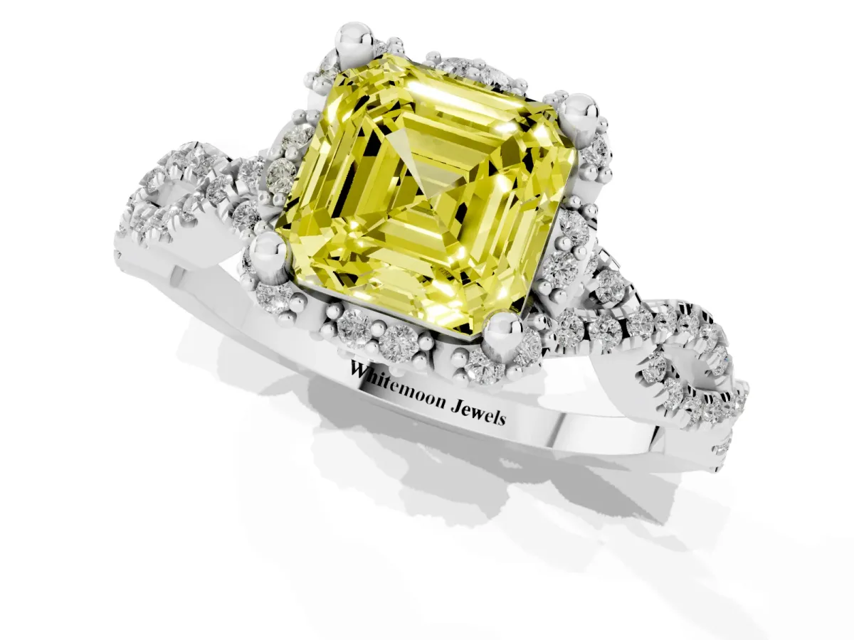 Fancy Yellow Asscher Cut Halo Twist Band Solitaire Ring with Six-Prong Setting Silver