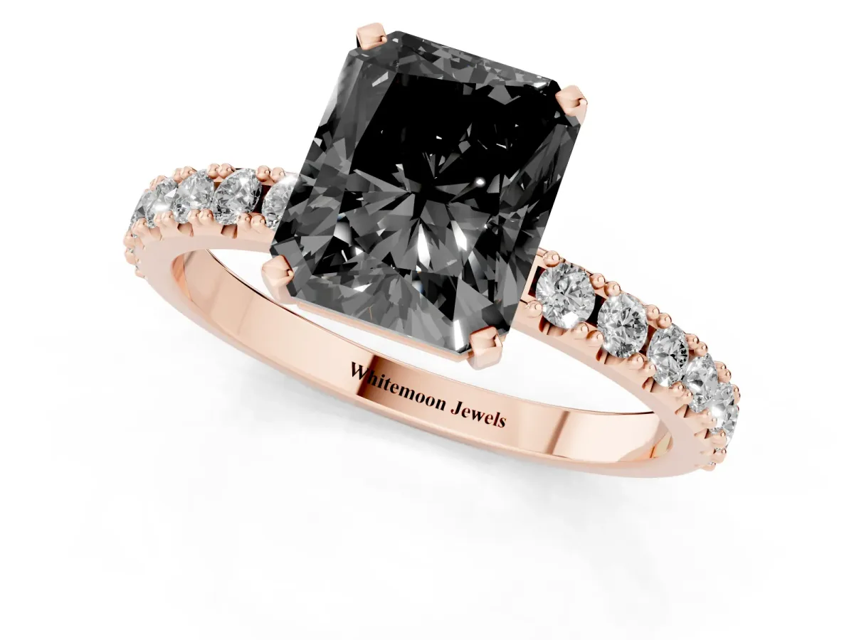 Fancy Black Radiant Cut Diamond Solitaire Pavé Band with Four-Prong Setting Rose gold