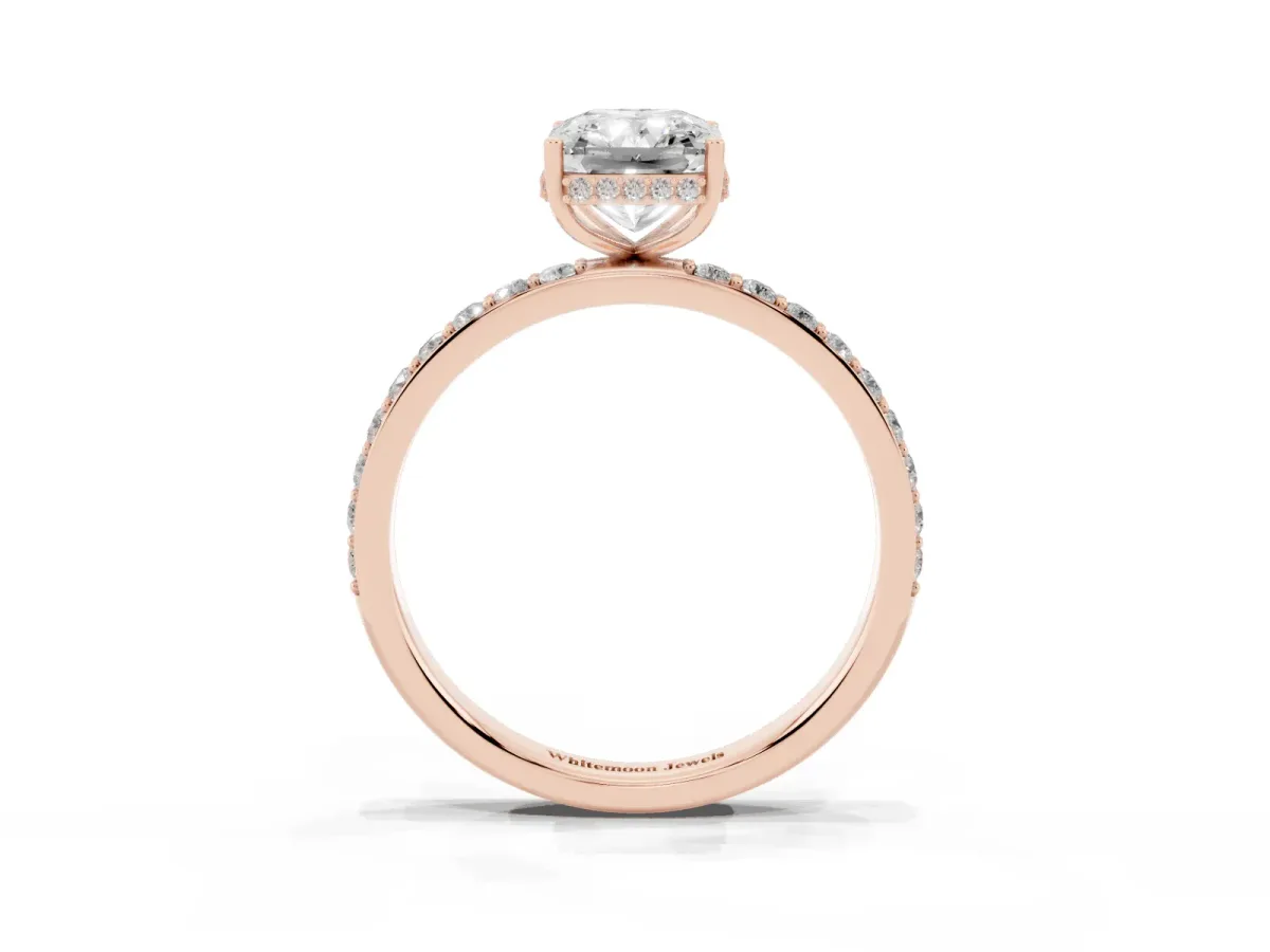 Radiant Cut Diamond Solitaire Ring with Pavé Band and Hidden Halo Rose gold
