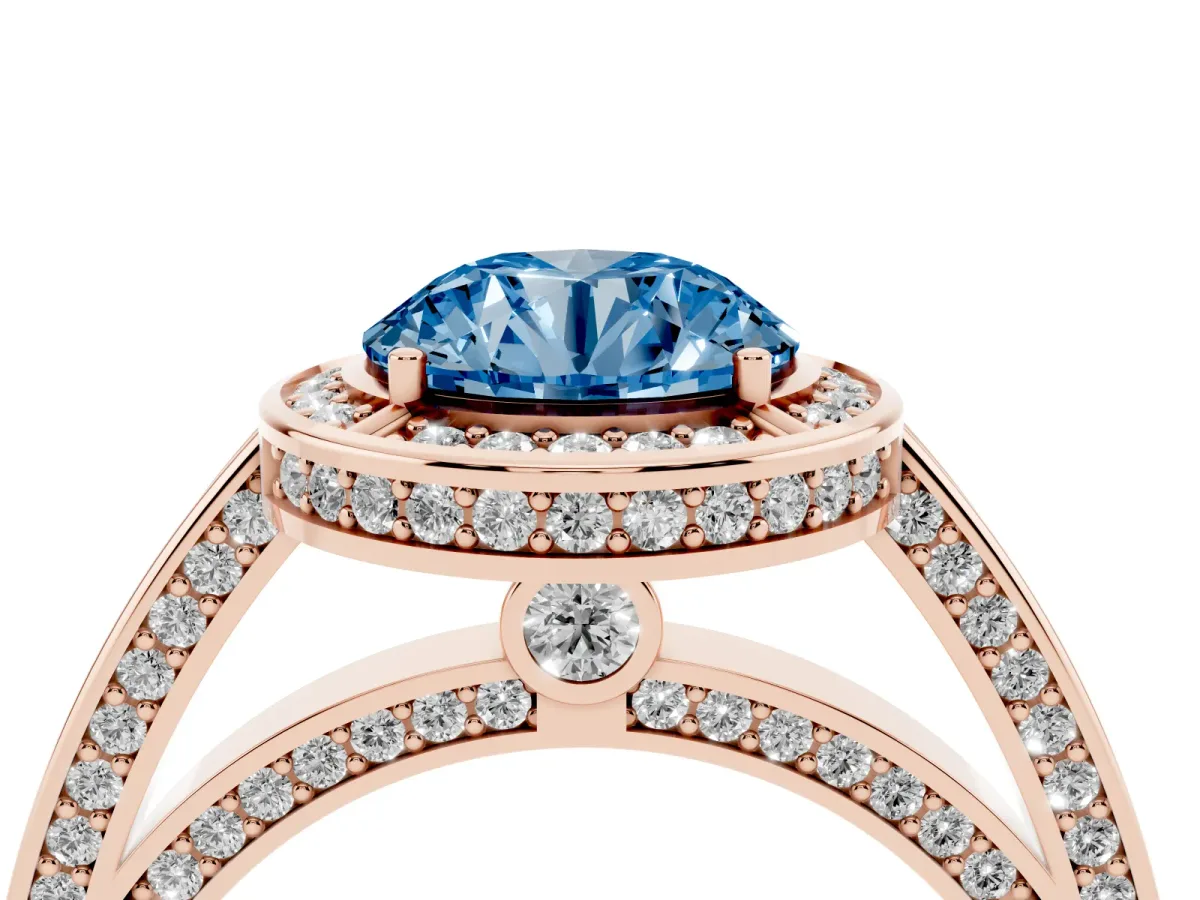 Fancy Blue Round Cut Cut Halo Pave Split Shank Prong Setting Ring Rose gold